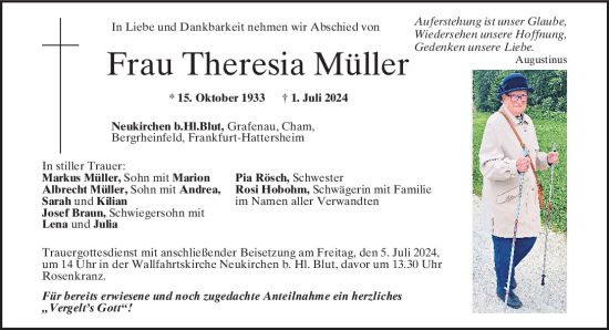 Traueranzeige von Theresia Müller von Bayerwald Echo