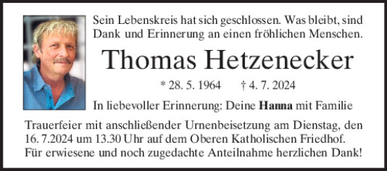 Traueranzeige von Thomas Hetzenecker von Mittelbayerische Zeitung Regensburg