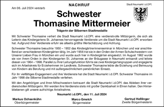 Traueranzeige von Thomasine Mittermeier von Neumarkter Tagblatt