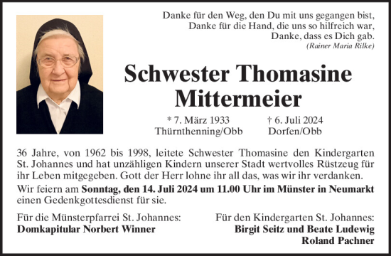 Traueranzeige von Thomasine Mittermeier von Neumarkter Tagblatt