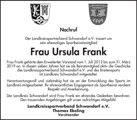 Traueranzeige von Ursula Frank von Mittelbayerische Zeitung Schwandorf
