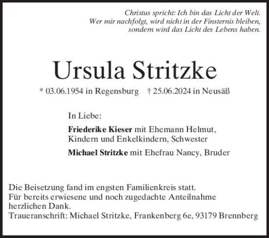 Traueranzeige von Ursula Stritzke von Mittelbayerische Zeitung Regensburg