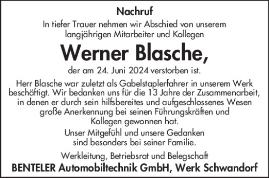 Traueranzeige von Werner Blasche von Mittelbayerische Zeitung Schwandorf