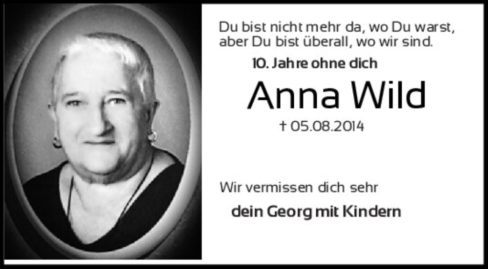  Traueranzeige für Anna Wild vom 05.08.2024 aus Mittelbayerische Zeitung Kelheim