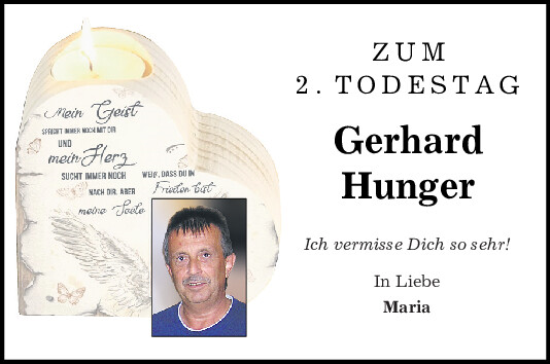 Traueranzeige von Gerhard Hunger von Bayerwald Echo