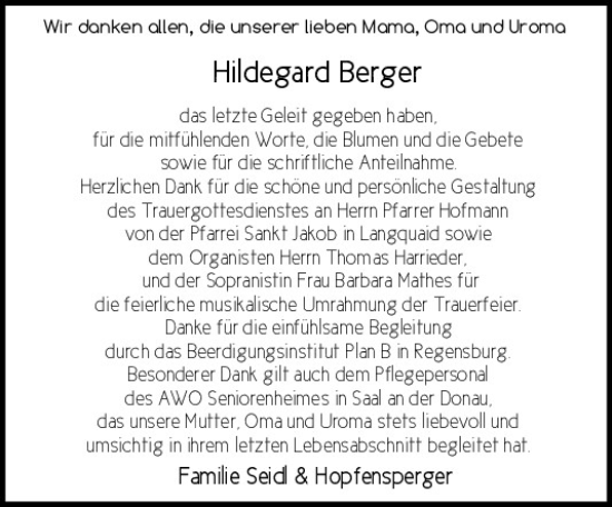 Traueranzeige von Hildegard Berger von Mittelbayerische Zeitung Kelheim