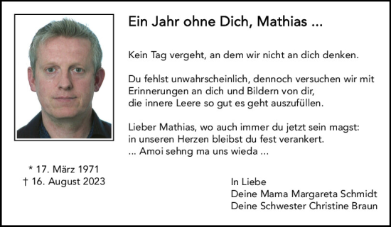 Traueranzeige von Mathias Schmidt von Neumarkter Tagblatt