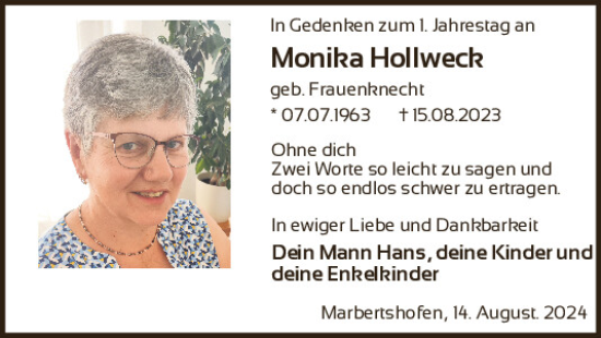Traueranzeige von Monika Hollwech von Neumarkter Tagblatt