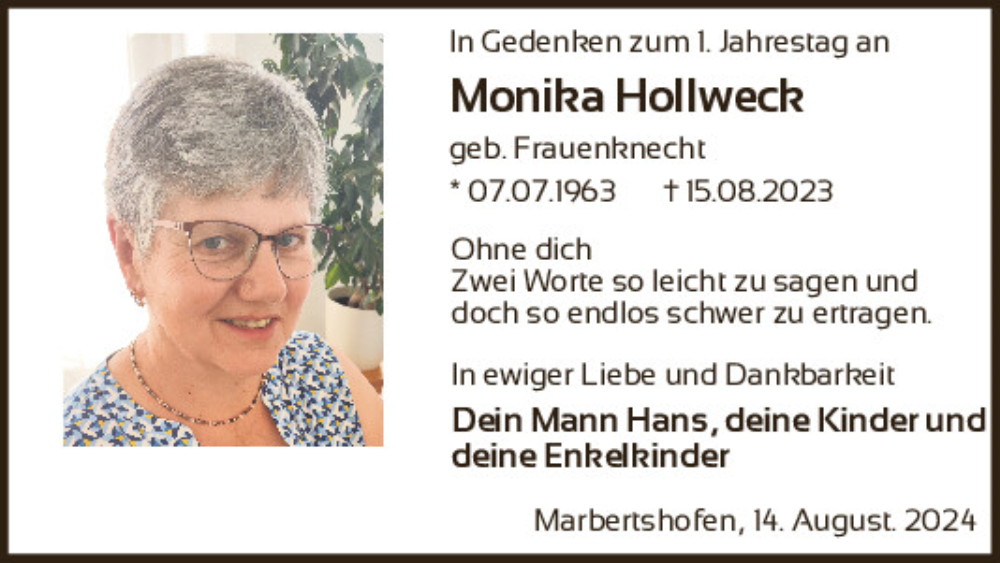  Traueranzeige für Monika Hollwech vom 14.08.2024 aus Neumarkter Tagblatt
