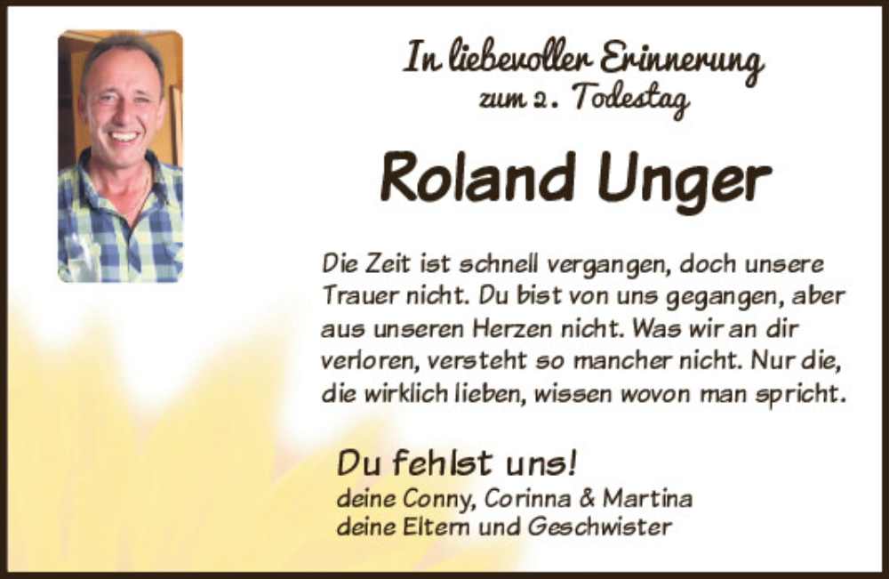  Traueranzeige für Roland Unger vom 08.08.2024 aus Mittelbayerische Zeitung Schwandorf