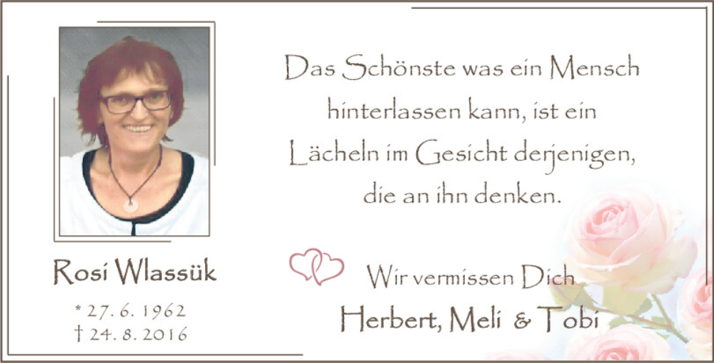  Traueranzeige für Rosi Wlassük vom 24.08.2024 aus Neumarkter Tagblatt