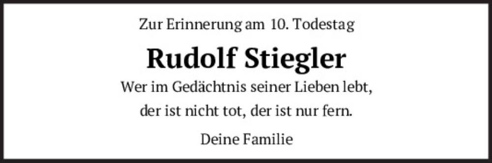  Traueranzeige für Rudolf Stiegler vom 26.08.2024 aus Neumarkter Tagblatt
