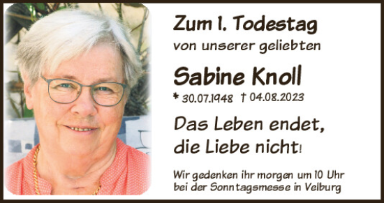 Traueranzeige von Sabine Knoll von Neumarkter Tagblatt