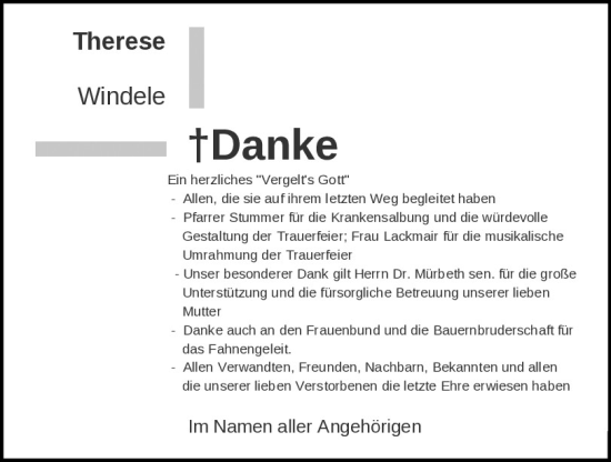 Traueranzeige von Therese Windele von Mittelbayerische Zeitung Kelheim