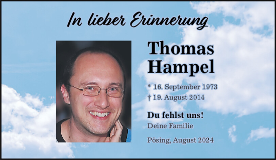 Traueranzeige von Thomas Hampel von Bayerwald Echo