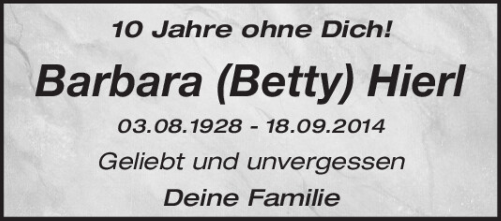  Traueranzeige für Barbara Hierl vom 18.09.2024 aus Mittelbayerische Zeitung Regensburg