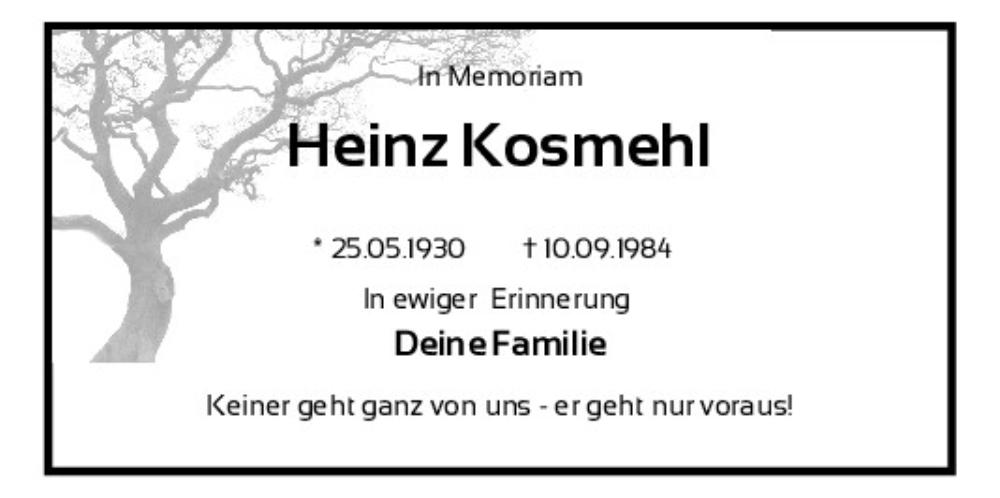  Traueranzeige für Heinz Kosmehl vom 10.09.2024 aus Neumarkter Tagblatt