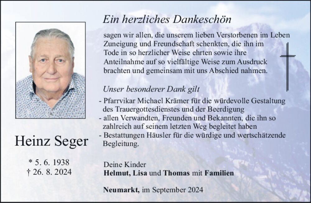  Traueranzeige für Heinz Seger vom 14.09.2024 aus Neumarkter Tagblatt