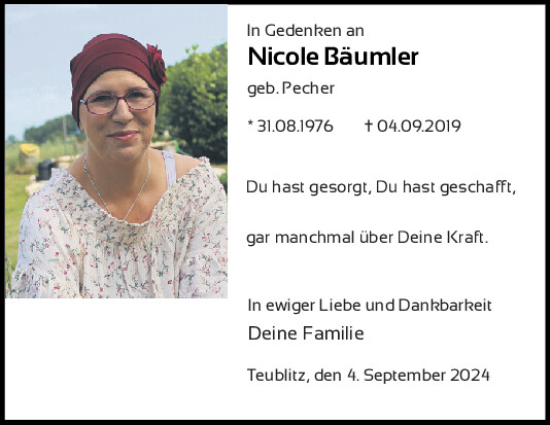 Traueranzeige von Nicole Bäumler von Mittelbayerische Zeitung Schwandorf