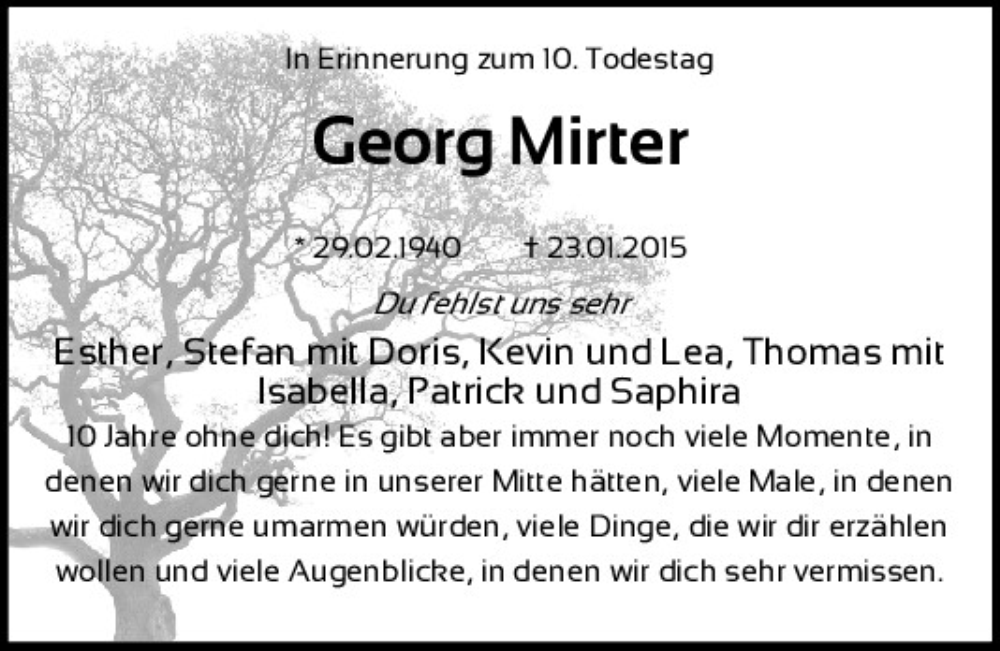  Traueranzeige für Georg Mirter vom 25.01.2025 aus Mittelbayerische Zeitung Regensburg