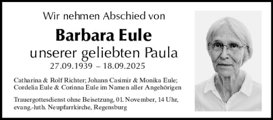 Traueranzeige von Barbara Eule von Mittelbayerische Zeitung Regensburg