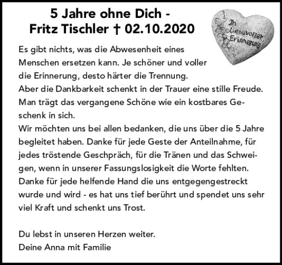 Traueranzeige von Fritz Tischler von Neumarkter Tagblatt