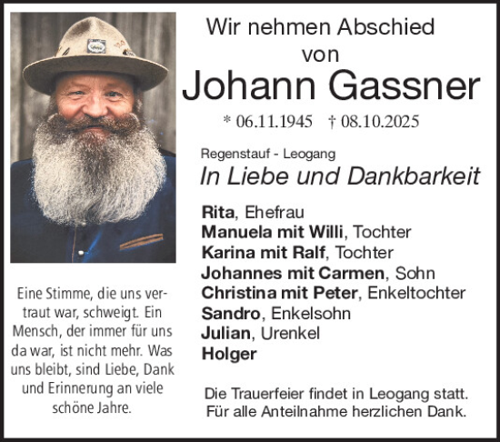 Traueranzeige von Johann Gassner von Mittelbayerische Zeitung Regensburg
