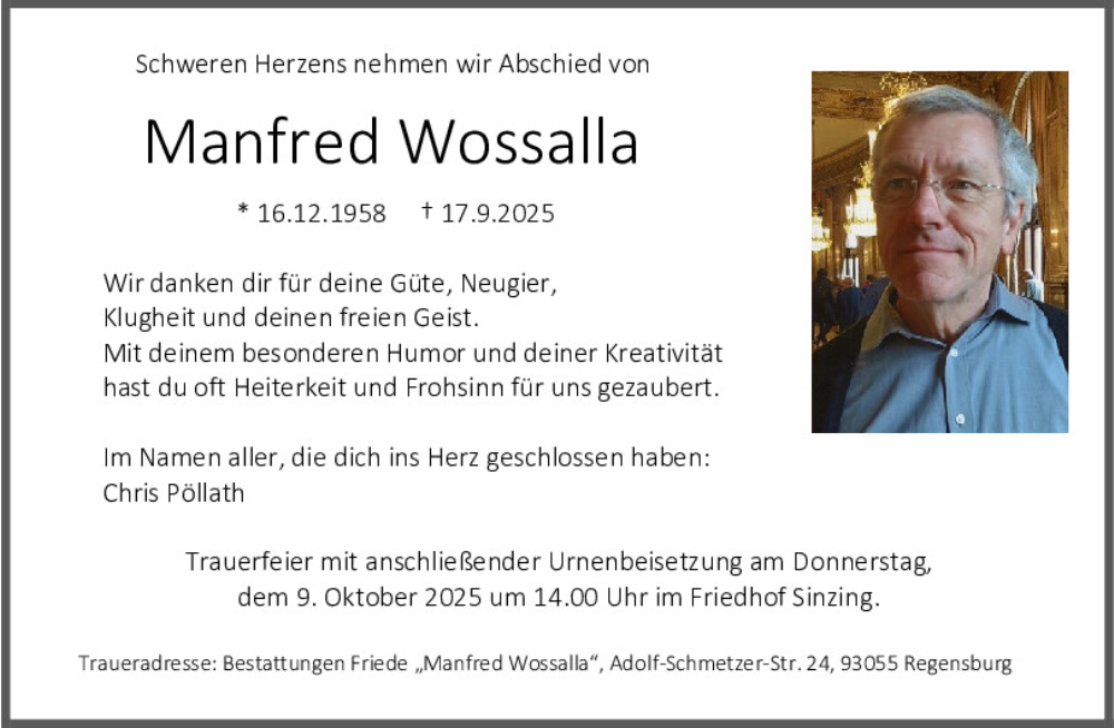  Traueranzeige für Manfred Wossalla vom 03.10.2025 aus Mittelbayerische Zeitung Regensburg