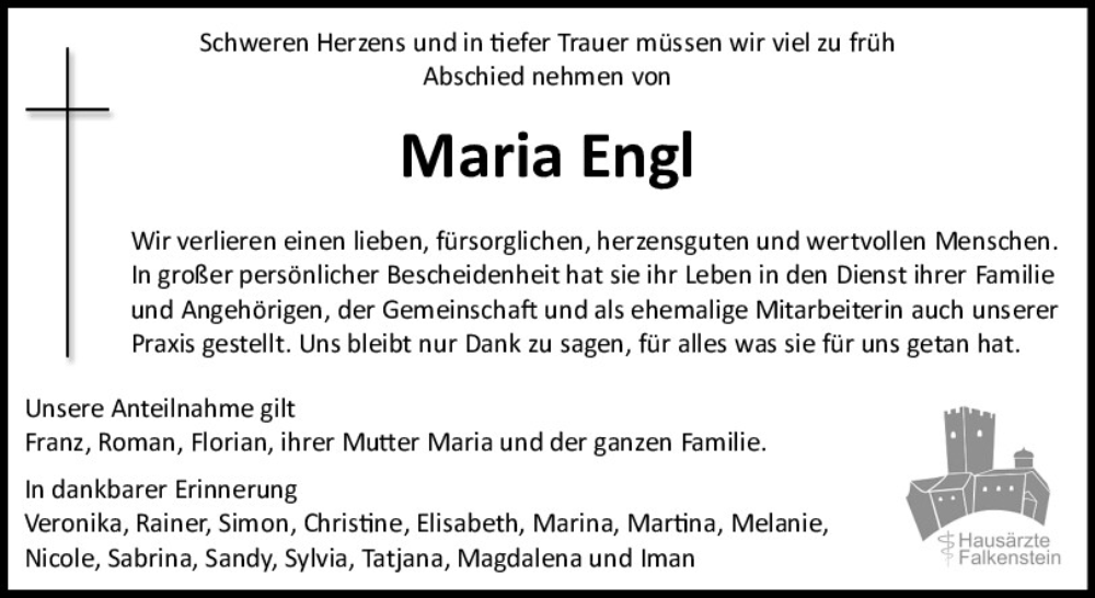  Traueranzeige für Maria Engl vom 07.10.2025 aus Bayerwald Echo