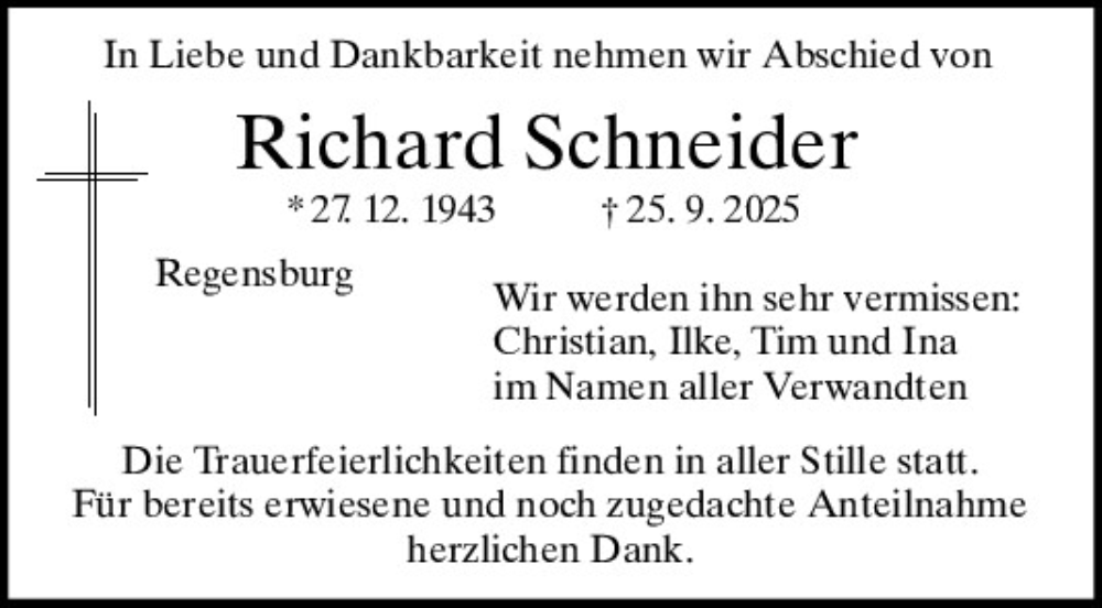  Traueranzeige für Richard Schneider vom 08.10.2025 aus Mittelbayerische Zeitung Regensburg
