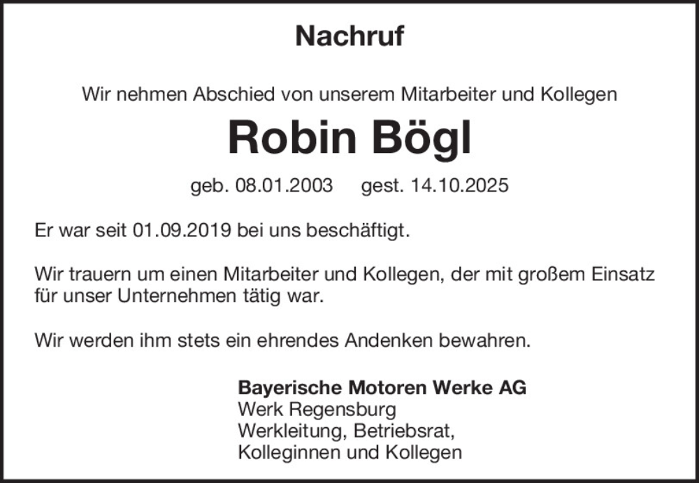  Traueranzeige für Robin  Bögl vom 23.10.2025 aus Mittelbayerische Zeitung Schwandorf