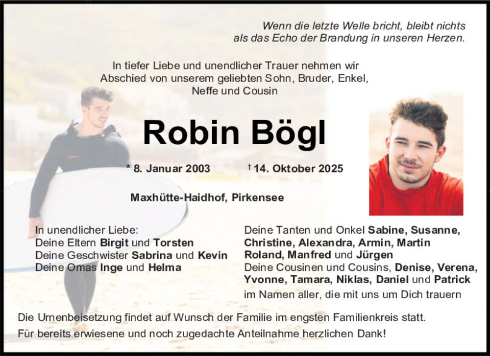  Traueranzeige für Robin  Bögl vom 21.10.2025 aus Mittelbayerische Zeitung Schwandorf