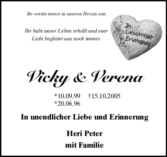 Traueranzeige von Vicky und Verena  von Mittelbayerische Zeitung Schwandorf