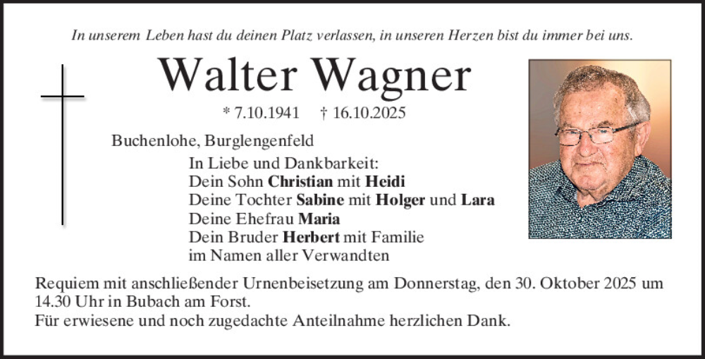  Traueranzeige für Walter Wagner vom 25.10.2025 aus Mittelbayerische Zeitung Regensburg