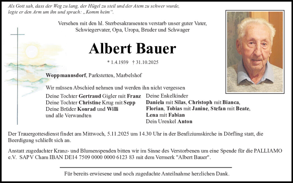  Traueranzeige für Albert Bauer vom 03.11.2025 aus Bayerwald Echo