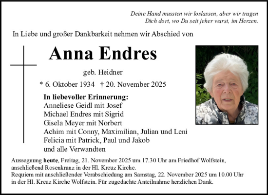 Traueranzeige von Anna Endres von Neumarkter Tagblatt