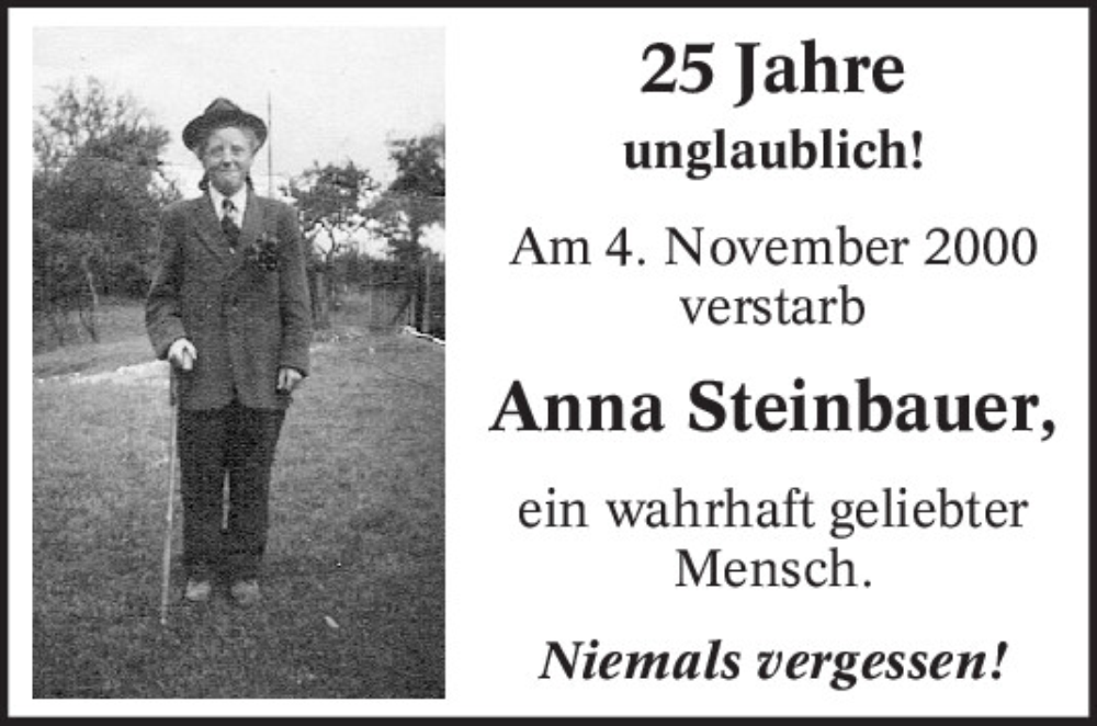 Traueranzeige für Anna Steinbauer vom 04.11.2025 aus Mittelbayerische Zeitung Schwandorf