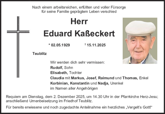 Traueranzeige von Eduard Kaßeckert von Mittelbayerische Zeitung Schwandorf