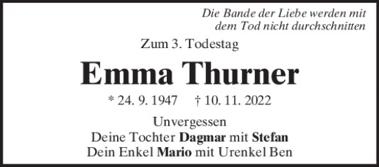 Traueranzeige von Emma Thurner von Neumarkter Tagblatt