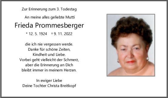 Traueranzeige von Frieda Prommesberger von Mittelbayerische Zeitung Regensburg