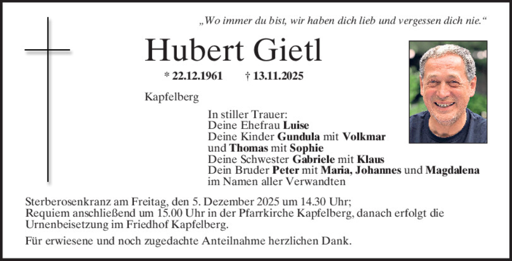  Traueranzeige für Hubert Gietl vom 29.11.2025 aus Mittelbayerische Zeitung Kelheim, Mittelbayerische Zeitung Regensburg