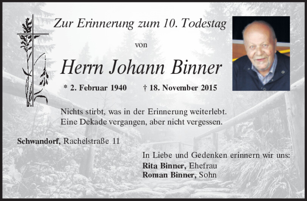  Traueranzeige für Johann Binner vom 18.11.2025 aus Mittelbayerische Zeitung Schwandorf