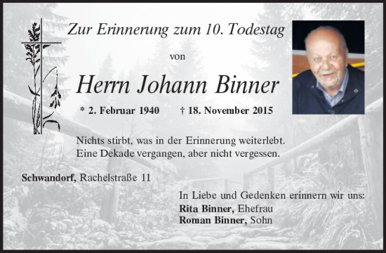 Traueranzeige von Johann Binner von Mittelbayerische Zeitung Schwandorf