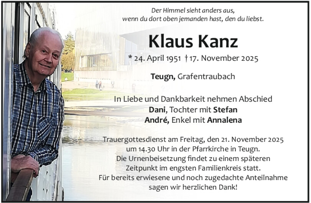  Traueranzeige für Klaus Kanz vom 19.11.2025 aus Mittelbayerische Zeitung Kelheim