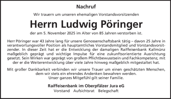 Traueranzeige von Ludwig Pöringer von Mittelbayerische Zeitung Regensburg