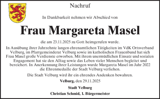 Traueranzeige von Margareta Masel von Neumarkter Tagblatt