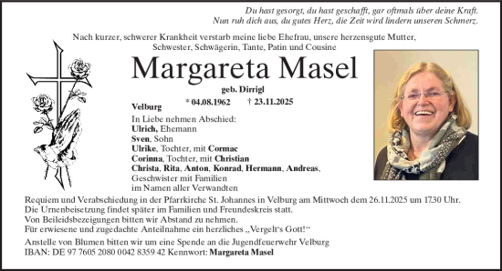 Traueranzeige von Margareta Masel von Neumarkter Tagblatt