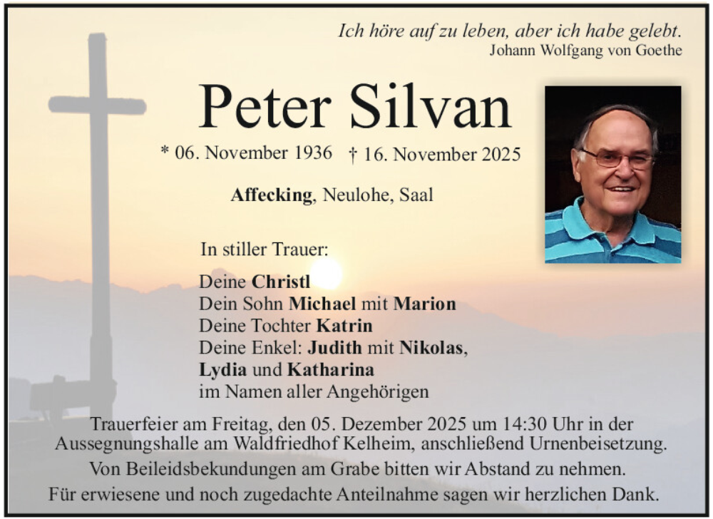  Traueranzeige für Peter Silvan vom 29.11.2025 aus Mittelbayerische Zeitung Kelheim