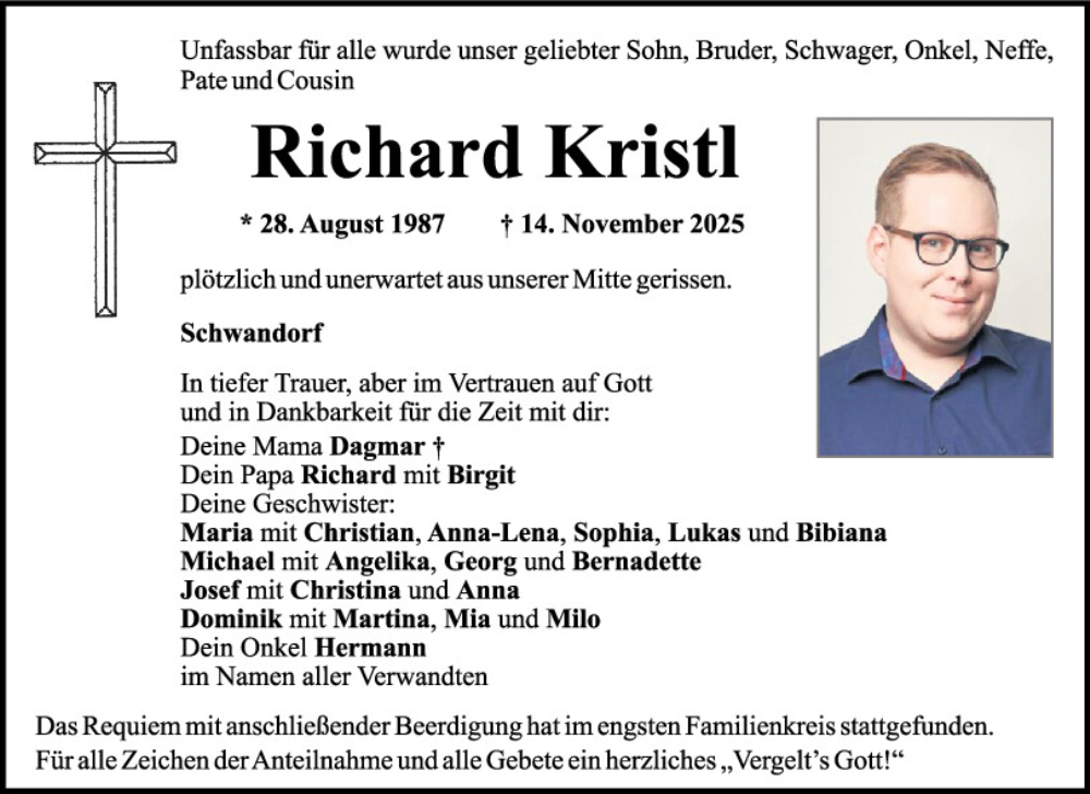  Traueranzeige für Richard Kristl vom 29.11.2025 aus Mittelbayerische Zeitung Schwandorf