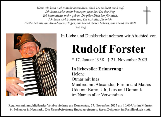Traueranzeige von Rudolf Forster von Neumarkter Tagblatt